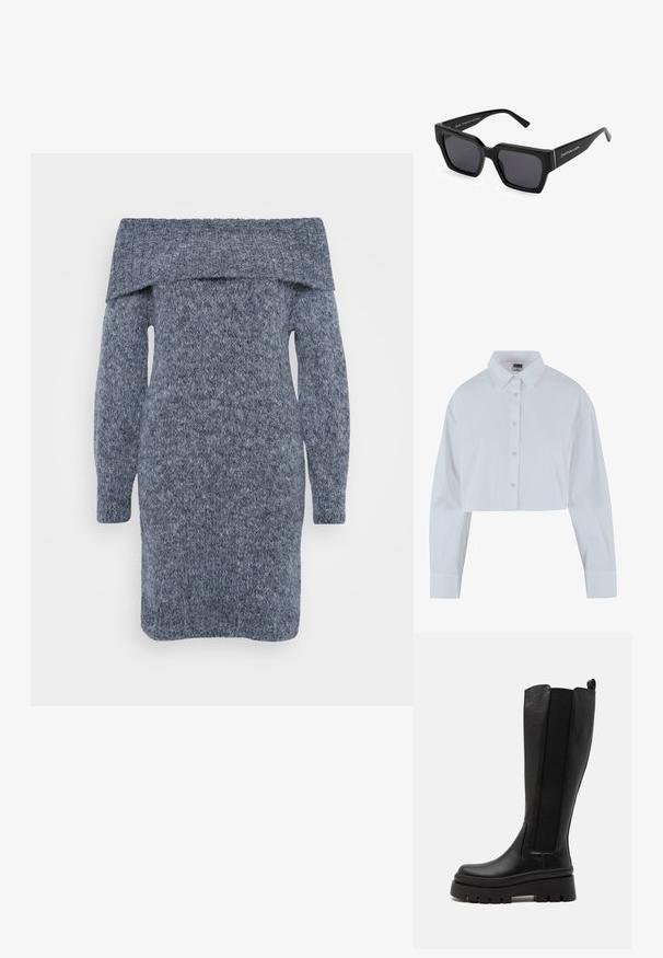 Vestido de punto en gris oscuro con escote off-the-shoulder, manga larga y un patrón texturizado en toda la prenda.; Camisa blanca recortada con cuello puntiagudo, mangas largas y una textura suave. Presenta una tapeta delantera con botones a juego.; Bota negra hasta la rodilla hecha de cuero suave con paneles laterales elásticos, suela de plataforma gruesa y textura estriada en la base.; Gafas de sol cuadradas negras con montura gruesa y lentes oscuros. Presenta una marca en el brazo lateral. Acabado suave con textura mate.