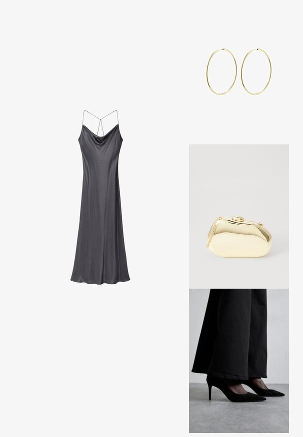 Satin evening dress, dark gray, slim silhouette, V-neckline with spaghetti straps. Smooth texture, flowing hem, and minimalistic design.; Black suede high-heeled shoes with pointed toes, worn with black wide-leg pants, feature a sleek design and a subtle sheen.; Metallic gold clutch with a smooth, rounded shape, featuring a top button clasp and a small chain strap for carrying.; Gold hoop earrings with a smooth, rounded design. Thin and lightweight, featuring a continuous loop without any embellishments.