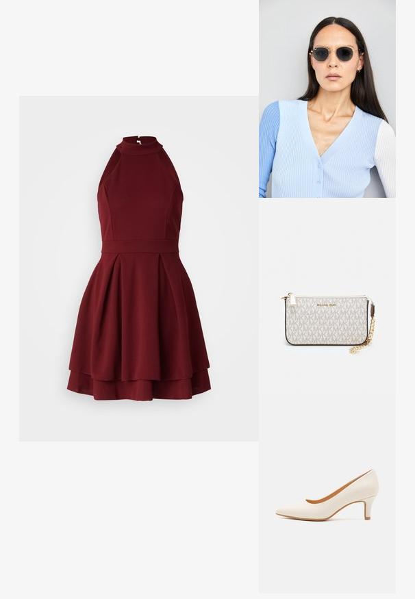 Burgundowa sukienka na halter z dopasowanym gorsetem i rozkloszowanym dołem, z plisami i zamkiem błyskawicznym z tyłu. Wykonana z fakturowanej tkaniny.; Biała skórzana szpilka z wąskim noskiem i smukłym, lekko nachylonym obcasem. Gładka tekstura z minimalistycznym wzornictwem i brązową podeszwą.; Okrągłe okulary przeciwsłoneczne z ciemnymi soczewkami i złotymi ramkami. Modelka nosi jasnoniebieski kardigan w prążki z guzikami i białymi rękawami w kontrastowym kolorze.; Portfel na nadgarstek marki Michael Kors w beżowej, pokrytej płótnem, z powtarzającym się wzorem logo MK, złotym okuciem i odpinanym łańcuszkowym paskiem.