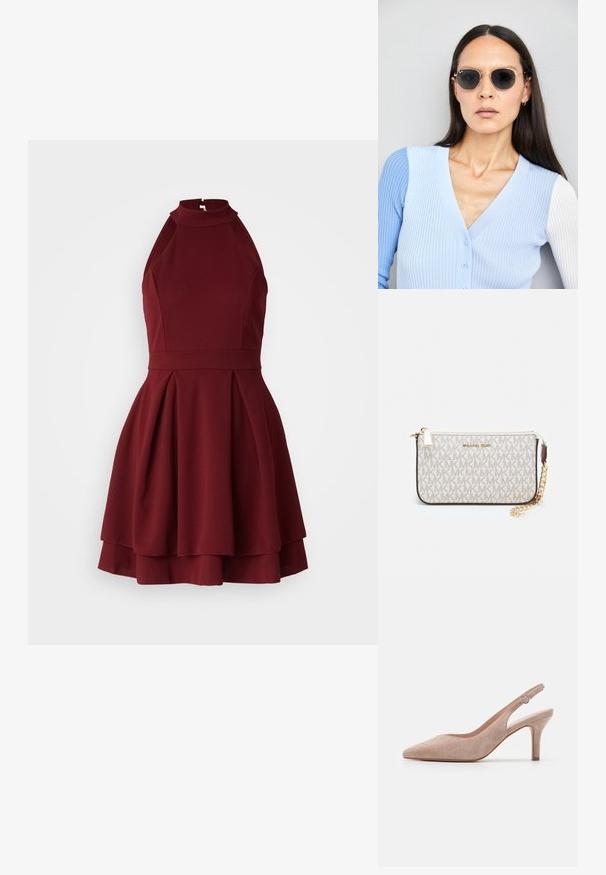 Burgundská halter šaty s priliehavým telom a rozšírenou sukňou, s praktickými záhybmi a zipsom na chrbte. Vyrobené z textúrovanej látky.; Slingback vysoké podpätky z jemnej béžovej semišovej kože, špičatá špička, štíhly podpätok a nastaviteľný členkový remienok s okrúhlou prackou.; Okrúhle slnečné okuliare s tmavými šošovkami a zlatým rámom. Modelka má na sebe svetlomodrý pletený kardigán s gombíkmi a bielymi rukávmi v kontraste.; Michael Kors zápästná taška v béžovej potiahnutej plátenej tkanine s opakujúcim sa vzorom loga MK, zlatým kovania a odnímateľným reťazovým popruhom.