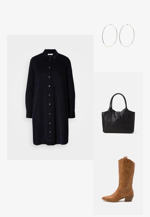 Kratka crna košulja haljina dugih rukava s ovratnikom i džepom na prsima, prikazana na jednostavnoj svijetlosivoj pozadini.; Smeđe kožne kaubojke s oštrim nosom, izvezenim spiralnim uzorcima na gornjem dijelu i blok petom. Imaju potporu za lakše obuvanje.; Crna kožna torba za nošenje s glatkom teksturom, strukturiranim oblikom, dvije ručke i istaknutim srebrnim kopčanjem na prednjoj strani.; Srebrne naušnice od obruča s glatkim, okruglim dizajnom i poliranim završetkom. Tanak su i lagani, s jednostavnim zatvaranjem.