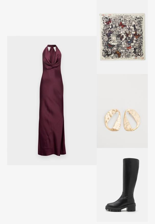 Langes, bordeauxrotes Satinkleid mit Neckholder und Wasserfallausschnitt. Verfügt über Ausschnitt-Details und einen Seitenschlitz. Glatte Textur, figurbetonte Silhouette.; Knöchelhohe schwarze Lederstiefel mit glatter Textur, schwerer Plattformsohle und quadratischem Zehen-design. Minimalistischer Stil ohne sichtbare Akzente.; Quadratisches Seidentuch mit detaillierten Schmetterlingsillustrationen in verschiedenen Farben auf einem hellen Hintergrund, mit schwarzen Umrandungen und dekorativen Mustern.; Ein Paar unregelmäßige, oval geformte Ohrringe aus goldfarbenem Metall mit einer strukturierten, leicht gehämmerten Oberfläche auf weißem Hintergrund.