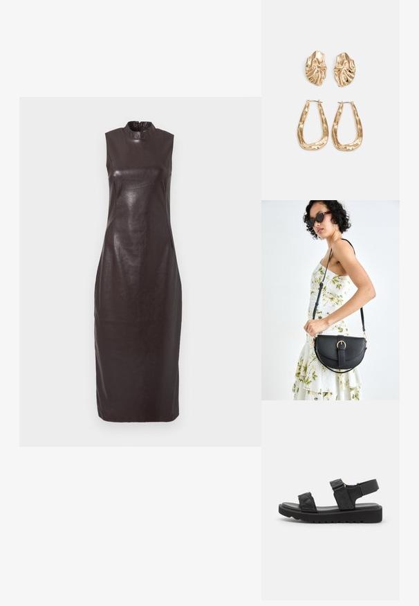 Vestido de couro castanho escuro, sem mangas, com um decote alto, design justo e silhueta reta. Textura suave e detalhes mínimos.; Sandálias de plataforma pretas com tiras acolchoadas, bico aberto e faixa ajustável no tornozelo. Sola de borracha texturizada com padrão de zig-zag para maior aderência.; Bolsa de couro preta com forma curva, alça destacável e detalhes em dourado. A bolsa possui uma aba com detalhe de fivela.; Brincos em tom de ouro com formas onduladas e texturizadas. Inclui studs escultóricos com presilha e um design de argola aberta com um acabamento martelado.