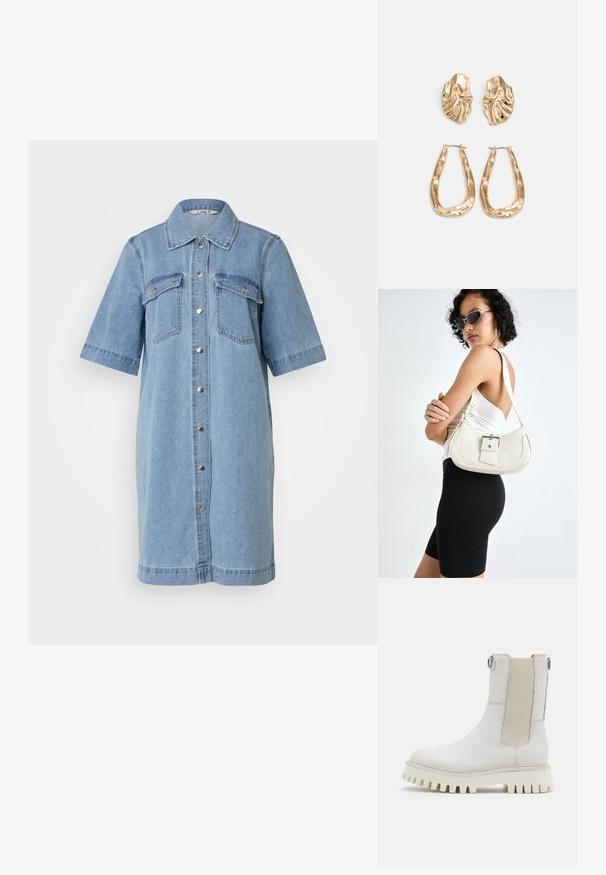 Vestido de ganga azul claro com mangas curtas, fecho de botões à frente, dois bolsos no peito e colarinho. Textura suave, até aos joelhos.; Bronx GROOV-Y - Botas de tornozelo com plataforma - winter white; Bolsa de couro branca com um formato curvado, alça ajustável e um pequeno detalhe de fivela. Modelo usa um traje preto ajustado.; Brincos em tom de ouro com formas onduladas e texturizadas. Inclui studs escultóricos com presilha e um design de argola aberta com um acabamento martelado.