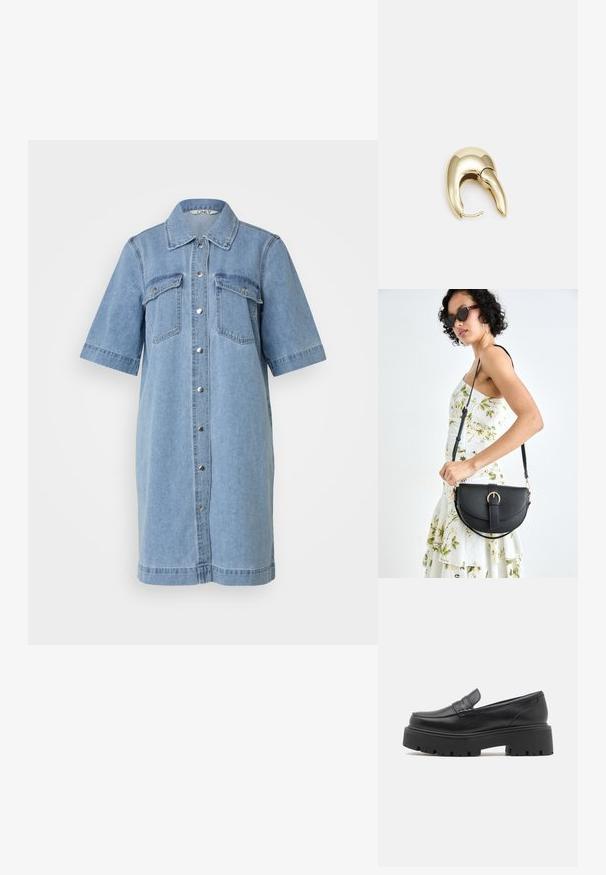 Svetlomodré denimové šaty s krátkymi rukávmi, gombíkovým zapínaním na prednej strane, dvoma vreckami na hrudi a golierom. Hladký povrch, dĺžka po kolená.; Čierne kožené mokasíny s nízkou, robustnou gumovou podrážkou, prešívanými detailmi na vrchu a hladkou textúrou.; Čierna kožená kabelka s zaobleným tvarom, odnímateľným popruhom a zlatými doplnkami. Kabelka má klopu s detailom s prackou.; Náušnice z kovu v zlatej farbe s elegantným, zakriveným dizajnom. Majú charakteristický špicatý tvar, leštený povrch a uzáver na pánt.