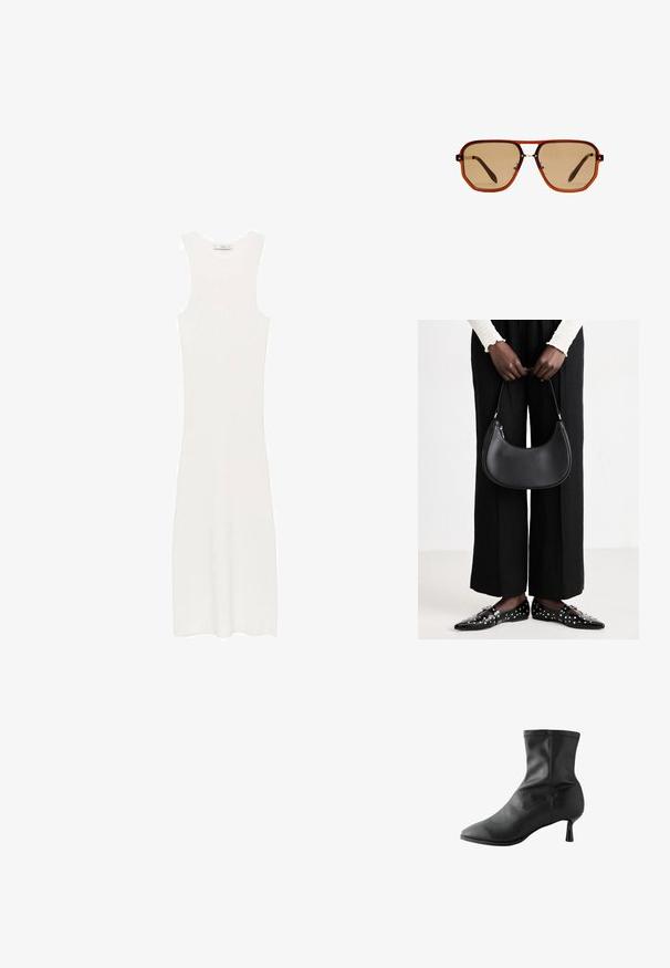 Weißes, ärmelloses, geripptes Strickkleid mit taillierter Silhouette, das bis unter die Knie reicht. Einfaches und minimalistisches Design, ohne Muster oder Hardware.; Schwarze Knöchelstiefel aus glattem Leder mit spitzem Zeh und schmalem, zylindrischem Absatz. Steppnähte am oberen Rand.; Braune achteckige Sonnenbrille mit einem transparenten, bernsteinfarbenen Rahmen und braun getönten Gläsern. Verfügt über eine Metallverzierung am Steg und schlanke Bügel.; Schwarze Leder-Schultertasche mit runder Form, glänzender Oberfläche und silbernem Beschlag. Person trägt schwarze weit geschnittene Hosen und Nieten-Loafers.