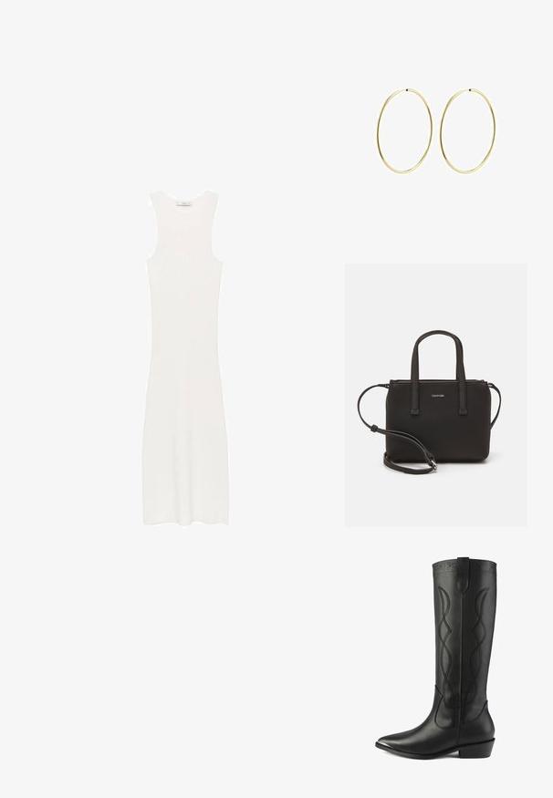 Bijela, bezrukavna, pletena haljina s uskim siluetom koja doseže ispod koljena. Jednostavan i minimalistički dizajn, bez uzoraka ili dodataka.; Visoke crne kožne čizme imaju špicasti vrh, blok petu i dekorativno šivanje s isprepletenim linijama duž stabljike.; Crna torba s dva kratka ručka i uklonjivom naramenicom. Glatki materijal nalik koži s zatvaračem na zatvaranje i detaljem s logom.; Zlatne naušnice u obliku kružne petlje, s glatkim i zaobljenim dizajnom. Tanke su i lagane, s kontinuiranom petljom bez dodatnih ukrasa.