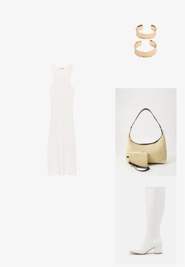 Bijela, bezrukavna, pletena haljina s uskim siluetom koja doseže ispod koljena. Jednostavan i minimalistički dizajn, bez uzoraka ili dodataka.; Bijele čizme do koljena s glatkom, sjajnom završnom obradom. Kvadratni blok peta i suptilni šavovi duž strane.; Tkana torba od slame s zakrivljenom siluetom, koja sadrži glatku crnu kožnu naramenicu i odgovarajući mali neseser koji je pričvršćen narukvicom.; Zlatno-tonirani metalni manšete s udarenom teksturom, sa otvorenim dizajnom i glatkim rubovima. Prikazane su dvije veličine: jedna šira, jedna uža.