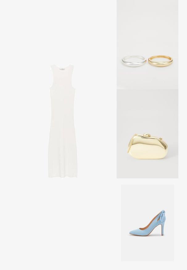 Bílé, bezramenní, žebrované pletené šaty s přiléhavým siluetou, dosahujícími pod kolena. Jednoduchý a minimalistický design, bez vzorů nebo kovových detailů.; Světle modrá semišová dámská vysoká bota s špičatou špičkou a malou mašlí na zadní straně. Vyznačuje se elegantním designem a béžovou stélkou.; Metalická zlatá kabelka s hladkým, zaobleným tvarem, opatřená horním zapínáním na knoflík a malým řetízkovým popruhem pro nošení.; Zign 2 PACK - Náramek - gold-coloured/silver-coloured