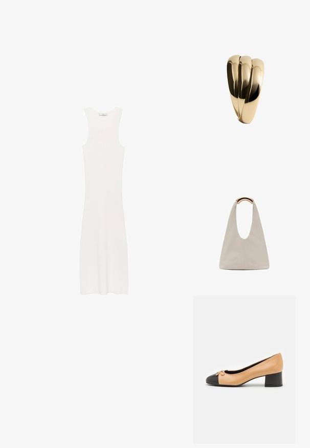 White, sleeveless, ribbed knit dress with a fitted silhouette, reaching below the knees. Simple and minimalist design, without patterns or hardware.; Beige leather pump with a black rounded toe, small bow detail, and a low block heel. Smooth texture and a classic silhouette.; Light gray leather bag with a U-shaped design and a curved metallic handle. Smooth texture with minimal stitching and no visible patterns.; Mango Bracelet - gold-coloured