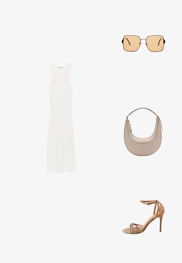 Abito bianco senza maniche, in maglia a costine e con silhouette aderente, che arriva sotto il ginocchio. Design semplice e minimalista, privo di motivi o accessori.; Scarpa con tacco a stiletto in pelle color nude, con una parte anteriore annodata arricchita da strass e una sottile cinghia alla caviglia con fibbia quadrata.; Occhiali da sole quadrati con lenti marroni e una sottile montatura in metallo nero. Presentano tempie angolari e naselli regolabili per il massimo comfort.; Borsa a spalla in pelle beige con forma a mezzaluna, texture liscia e un'unica maniglia curva. Presenta una chiusura con zip e cuciture curate.