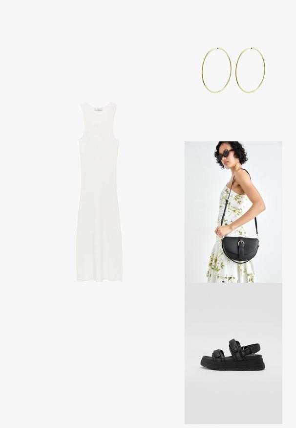Bela, brezrokavna, rebrasta pletenina obleka s prilegajočo silhueto, ki doseže pod koleni. Enostaven in minimalističen dizajn, brez vzorcev ali dodatkov.; Črne sandale z teksturiranim pasom, ki vključujejo dva nastavljiva Velcro zapirala in debel gumijast podplat za dodatno višino.; Črna usnjena torbica s ukrivljeno obliko, z odstranljivo naramnico in zlatimi dodatki. Torbica ima pokrov s podrobnostmi v obliki zaponke.; Zlate obroče za ušesa z gladkim, zaobljenim dizajnom. Tanki in lahki, z neprekinjenim krogom brez okrasnih elementov.