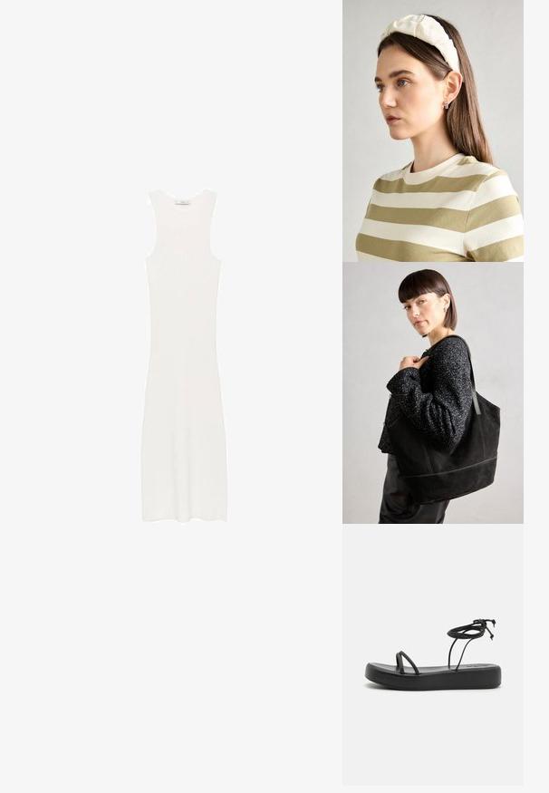 Rochie albă, fără mâneci, din tricot cu model în relief, cu o siluetă ajustată, care ajunge sub genunchi. Design simplu și minimalist, fără modele sau accesorii.; Sandale negre plate cu o talpă lată, curele subțiri și o legare ajustabilă la gleznă. Textură netedă cu un design minimalist.; Geantă tote din suede negru, cu o textură netedă, formă structurată și cusături contrastante. Dispune de bretele lungi pentru purtare pe umăr.; Bandă de cap din material moale, de culoare crem, cu un design răsucit, purtată alături de o bluză în dungi bej și albă, cu guler rotund. Accente discrete din bijuterii.