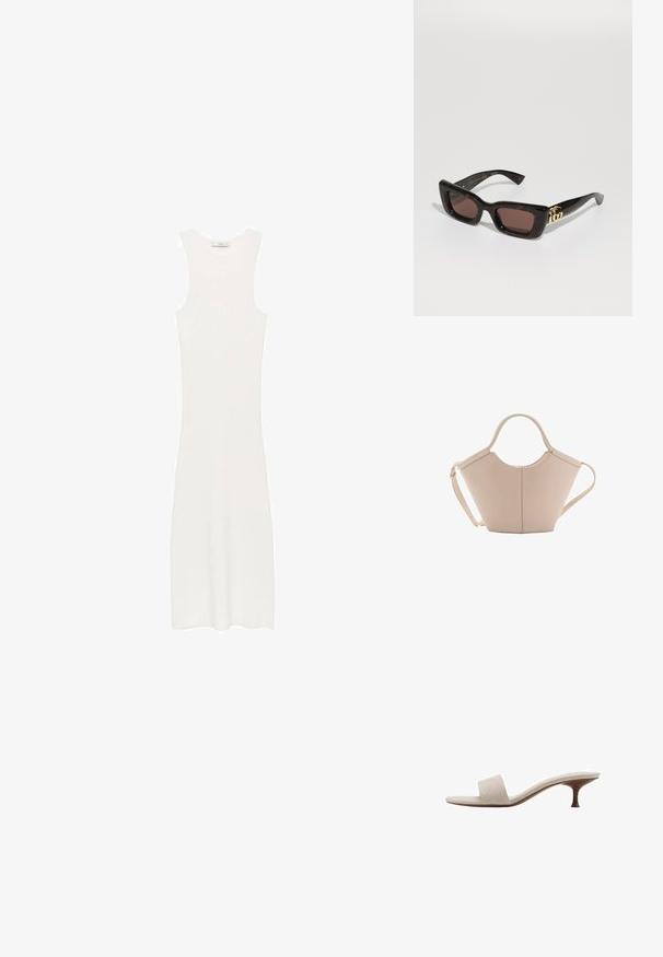 Rochie albă, fără mâneci, din tricot cu model în relief, cu o siluetă ajustată, care ajunge sub genunchi. Design simplu și minimalist, fără modele sau accesorii.; Sandală fără toc cu un superior din stofă bej împletită, vârful deschis și o talpă intermediară din lemn curbat. Designul prezintă o textură netedă și o formă minimalistă.; Ochelari de soare tortoiseshell negri cu lentile dreptunghiulare, nuanță de maron, ramă groasă și detaliu cu logo dublu-G aurie pe temple.; Geantă de mână bej din piele cu o formă unică, dotată cu două mânere scurte și o curea lungă ajustabilă. Textură netedă, cu hardware minim.