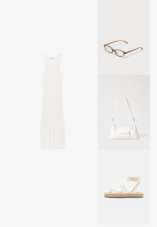 Abito bianco senza maniche, in maglia a costine e con silhouette aderente, che arriva sotto il ginocchio. Design semplice e minimalista, privo di motivi o accessori.; Sandalo bianco in pelle con tre ampie cinghie, cinturino alla caviglia e suola avvolta in juta. Design piatto con una texture naturale.; Occhiali tortoiseshell marroni con lenti ovali, aste sottili e dettagli trasparenti. Presentano un logo sottile sulla tempia. Design elegante e leggero.; Borsa sintetica bianca a forma triangolare, con patta anteriore piatta e dettaglio a fiocco, tracolla regolabile, texture liscia e design minimalista.