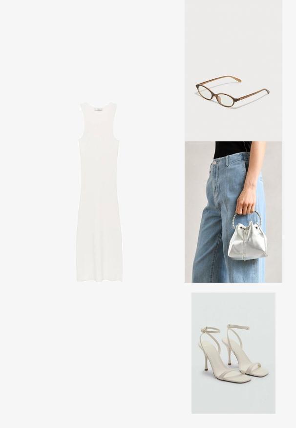 Rochie albă, fără mâneci, din tricot cu model în relief, cu o siluetă ajustată, care ajunge sub genunchi. Design simplu și minimalist, fără modele sau accesorii.; Sandale cu toc înalt bej, cu vârf pătrat și bretele subțiri pentru glezne. Material neted cu un design minimalist, având un toc subțire.; Ochelari în nuanță de țestoasă maro, cu lentile ovale, brațe subțiri și accente transparente. Prezintă un logo subtil pe tâmplă. Design elegant și ușor.; Geantă tip bucket metalică argintie, cu un finisaj texturat, decorată cu o mânere rotundă argintie și închidere cu șnur, ținută lângă blugi albaștri deschiși.