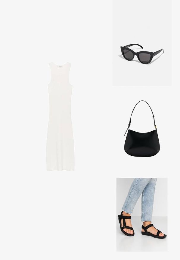 Abito bianco senza maniche, in maglia a costine e con silhouette aderente, che arriva sotto il ginocchio. Design semplice e minimalista, privo di motivi o accessori.; Sandali neri con cinturini regolabili. Materiale morbido e testurizzato e una soletta sagomata. Abbinati a jeans chiari strappati di colore blu.; Occhiali da sole neri a forma di occhio di gatto con finitura opaca, dotati di lenti grigie, angoli acuti e stanghette slanciate. Nome del marchio visibile all'interno della stanghetta.; Borsa a spalla in pelle nera con una texture liscia, forma curva e manico regolabile. Presenta una cucitura minimale e un design semplice.