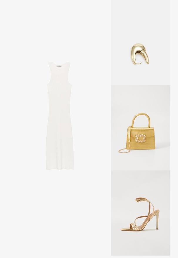 Biała, bezrękawnikowa sukienka z prążkowanego dzianiny o dopasowanym kroju, sięgająca poniżej kolan. Prosty i minimalistyczny design, bez wzorów i dodatków.; Even&Odd - Sandały na obcasie; Żółta torebka z faux-krokodylka o wyrafinowanej konstrukcji, z górnym uchwytem, odpinanym łańcuszkiem oraz dekoracyjnym kryształowym zdobieniem na zapięciu.; Złote metalowe kolczyki o eleganckim, zakrzywionym kształcie. Posiadają charakterystyczny szpiczasty kształt, polerowaną powierzchnię oraz zapięcie na zawias.