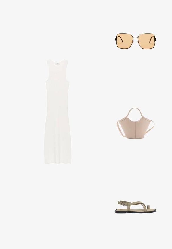 White, sleeveless, ribbed knit dress with a fitted silhouette, reaching below the knees. Simple and minimalist design, without patterns or hardware.; Beige suede sandals with a flat sole, featuring crisscross straps and an adjustable buckle on the back. Minimalist design and open toe.; Square sunglasses with brown lenses and a thin black metal frame. Features angled temples and adjustable nose pads for comfort.; Beige leather handbag with a unique shape, featuring two short handles and a long adjustable strap. Smooth texture with minimal hardware.