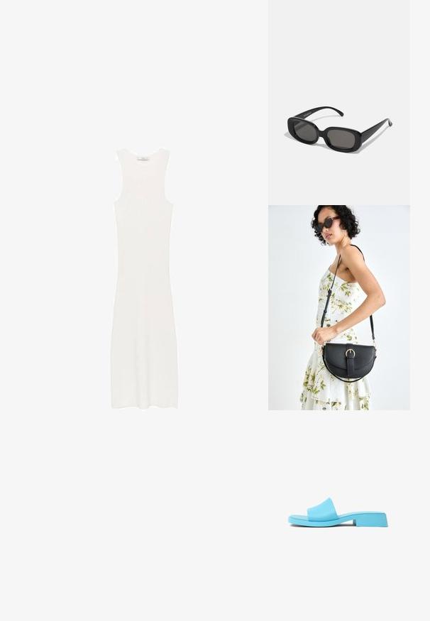 Abito bianco senza maniche, in maglia a costine e con silhouette aderente, che arriva sotto il ginocchio. Design semplice e minimalista, privo di motivi o accessori.; Infradito blu in plastica con una larga fascia, suola piatta e un tacco basso. Finitura liscia e lucida con un design minimalista.; Occhiali da sole neri rettangolari con lenti scure. Montatura in plastica spessa, texture liscia e bordi arrotondati. Le tempie eleganti si estendono verso l'esterno.; Borsa a tracolla nera in pelle con una forma curva, manico rimovibile e accessori dorati. La borsa presenta una patta con un dettaglio a fibbia.