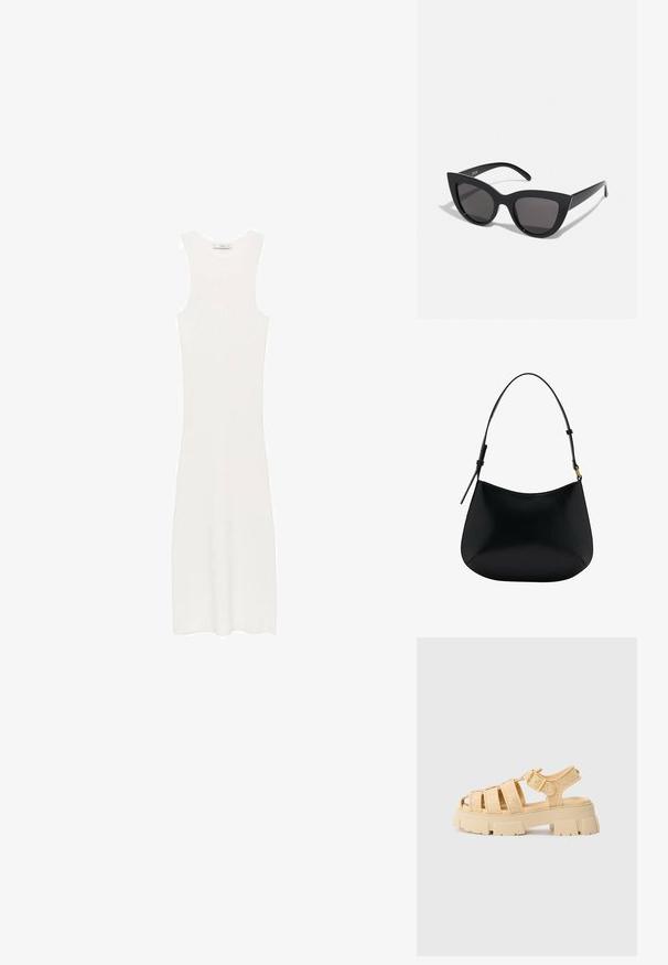 White, sleeveless, ribbed knit dress with a fitted silhouette, reaching below the knees. Simple and minimalist design, without patterns or hardware.; Beige platform sandals with woven straps and a buckle. Chunky sole with textured finish. Open toe design. Lightweight and casual.; Black cat-eye sunglasses with a matte finish, featuring gray tinted lenses, sharp angles, and sleek side arms. Brand name visible on the inner arm.; Black leather shoulder bag with a smooth texture, curved shape, and adjustable handle. Features minimal stitching and a simple design.