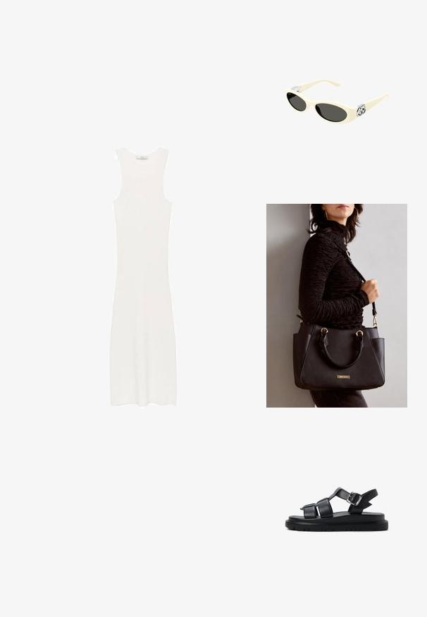 Weißes, ärmelloses, geripptes Strickkleid mit taillierter Silhouette, das bis unter die Knie reicht. Einfaches und minimalistisches Design, ohne Muster oder Hardware.; Schwarze Ledersandalen mit breiten Riemen, einem Schnallenverschluss und einer dicken, strukturierten Sohle mit Rillen für besseren Halt.; Cremefarbene Sonnenbrille mit ovalen Gläsern, schwarzem Tönung und metallischen Logoakzenten an den Schläfen. Glatte Textur, Cat-Eye-Design.; Schwarze Handtasche mit strukturierten Oberflächen, doppelten Obergriffen und verstellbarem Schultergurt. Mit goldfarbener Hardware und Seitentaschen.