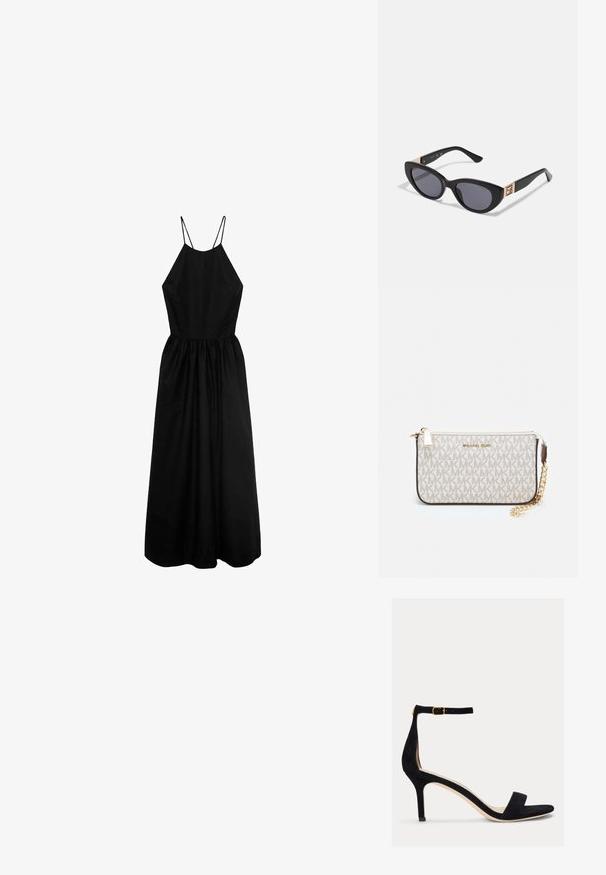 Černé bezramínkové šaty s vysokým výstřihem, upnutou korzetovou částí a nabranou sukní. Vyrobené z hladké tkaniny, s tenkými ramínky.; Lauren Ralph Lauren ALLIE MID HEEL SUEDE SANDAL - Páskové sandály - black; Guess Sluneční brýle - shiny black; Kabelka na zápěstí Michael Kors v béžové potažené plátno s opakujícím se vzorem loga MK, zlatými kovovými doplňky a odnímatelným řetízkovým popruhem.; Zlaté kovové náušnice s vlnitým designem; hladký, lesklý povrch; asymetrický tvar; žádné viditelné vzory nebo hardware.