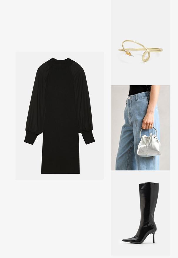 Vestido negro con una tela acanalada, mangas abullonadas y un cuello alto. La silueta es recta y llega hasta la rodilla.; Botín negro de tacón alto hasta la rodilla con un acabado de cuero brillante y elegante, punta afilada y un tacón estrecho y alto. Textura suave sin patrones visibles.; Bolso tipo bucket metálico en plata con un acabado texturizado, adornado con un asa redonda plateada y cierre de cordón, sostenido contra unos jeans azul claro.; Pulsera de metal color oro con un diseño fluido y curvado. Presenta un pequeño acento plateado prominente en un extremo.