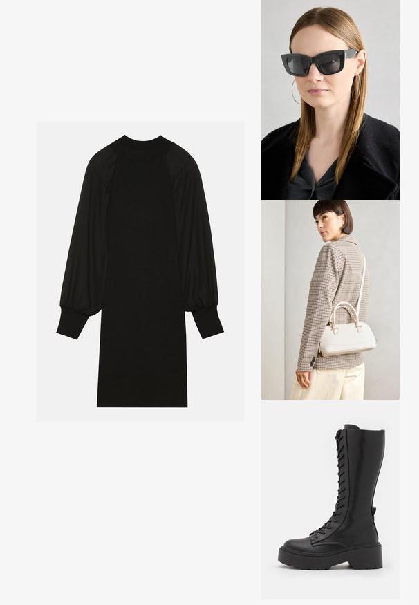 Vestito nero caratterizzato da un tessuto a coste con maniche a palloncino e scollatura alta. La silhouette è dritta e arriva fino al ginocchio.; Stivali neri al ginocchio con lacci, con una suola spessa e piattaforma, finitura in pelle liscia e cuciture rinforzate lungo le cuciture.; Occhiali da sole a forma di occhio di gatto neri con lenti scure, montatura spessa e dettagli sottili. Indossati con un cappotto nero e una maglia grigia, con capelli lunghi e lisci.; Borsa a mano bianca strutturata con manici corti e tracolla, dotata di dettagli in metallo dorato e materiale testurizzato, esposta su uno sfondo grigio.