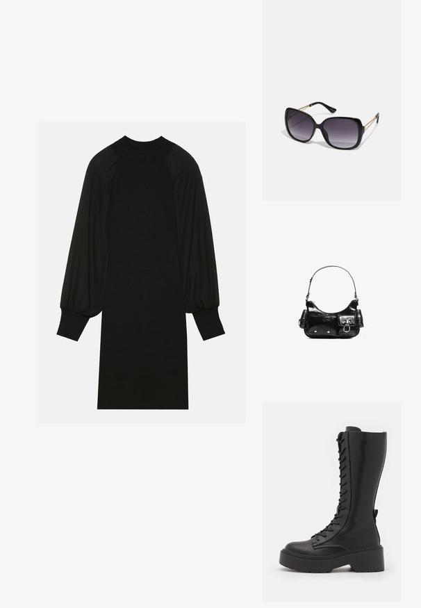 Robe noire en tissu côtelé avec des manches bouffantes et un col haut. La silhouette est droite et s'arrête au genou.; Bottes noires montantes à lacets avec une semelle plateforme épaisse, finition en cuir lisse et coutures renforcées le long des coutures.; Lunettes de soleil noires surdimensionnées avec des verres dégradés, monture épaisse et détails en chaîne dorée sur les branches.; Sac à main en cuir verni noir avec une forme incurvée, une bandoulière, des poches avant et des accents en métal argenté.