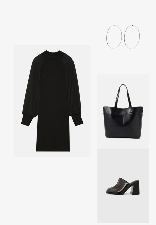 Black dress featuring a ribbed fabric with puffed sleeves and a high neckline. The silhouette is straight and falls to the knee.; Dark burgundy leather mules with a square toe, glossy finish, and a chunky, textured black high heel. Simple design, slip-on style.; Black leather tote bag with two long handles, a smooth texture, and a structured shape. Features a front pocket for additional storage.; Silver hoop earrings with a smooth, round design and a polished finish. They are thin and lightweight, featuring a simple clasp closure.