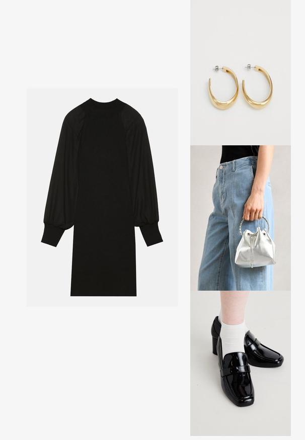 Rochie neagră realizată dintr-un material cu textură canelată, cu mâneci suprapufă și guler înalt. Silueta este dreaptă și ajunge până la genunchi.; Loafers din piele vernilă neagră cu vârf pătrat și toc ridicat, având o textură netedă și o curea orizontală proeminentă peste fața piciorului.; Geantă tip bucket metalică argintie, cu un finisaj texturat, decorată cu o mânere rotundă argintie și închidere cu șnur, ținută lângă blugi albaștri deschiși.; Cercei cercei de tip hoop de culoare aurie, cu un design neted și curbat. Fabricate din metal, având un finisaj elegant și închidere cu tijă.