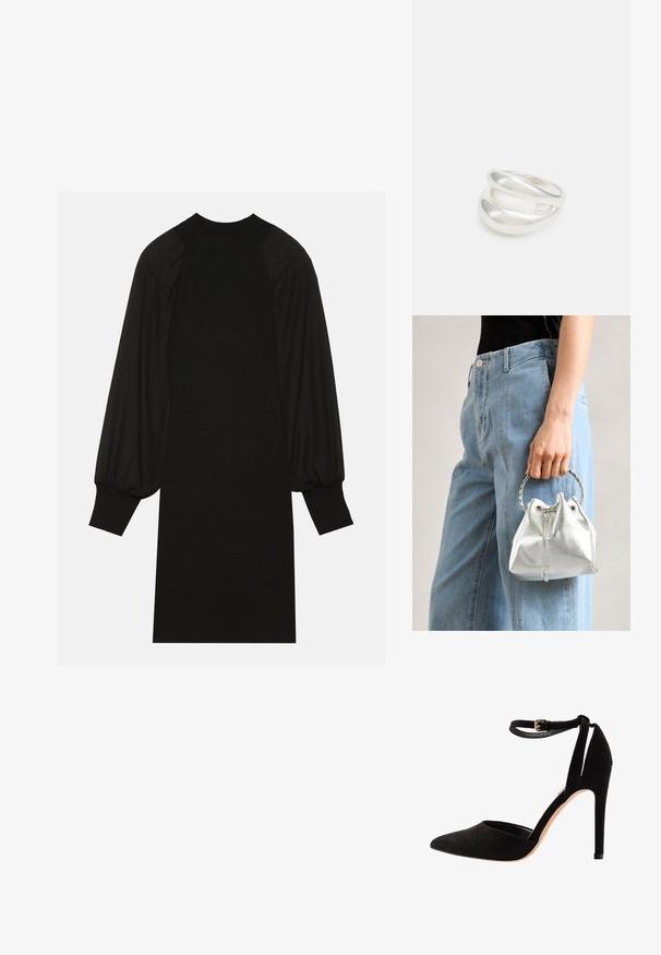 Crna haljina s rebrastom tkaninom, napučenim rukavima i visokim izrezom. Silueta je ravna i pada do koljena.; Crne antilop cipele s visokom petom, s špicastim prstom, remenom oko gležnja i stiletto potpeticom. Dizajn se odlikuje glatkom teksturom i minimalnim detaljima.; Metalna srebrna torba s teksturiranim završetkom, ukrašena srebrnim okruglim drškom i zatvaranjem na vezanje, drži se uz svijetloplave traperice.; Srebrna dvostruka prsten s glatkom, poliranom površinom. Karakterizira ga fluidan, zakrivljen dizajn s preklapajućim sekcijama za moderan izgled.