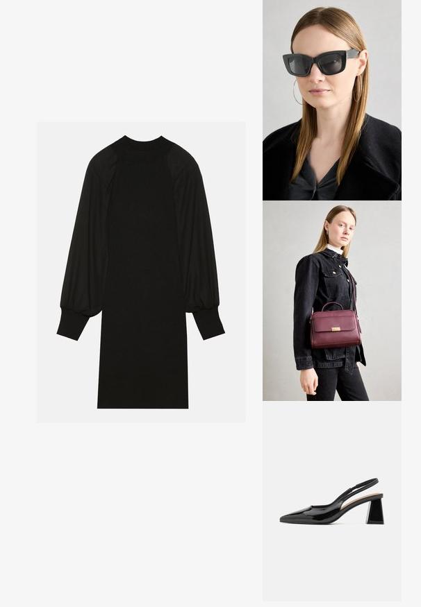 Black dress featuring a ribbed fabric with puffed sleeves and a high neckline. The silhouette is straight and falls to the knee.; Black patent slingback heels with a pointed toe, featuring a unique geometric block heel and a smooth texture. Adjustable strap for support.; Black cat-eye sunglasses with dark lenses, thick frames, and subtle accents. Worn with a black coat and gray top, featuring long straight hair.; Burgundy leather handbag with gold clasp, structured shape, top handle, and adjustable shoulder strap. Model wears a denim jacket.
