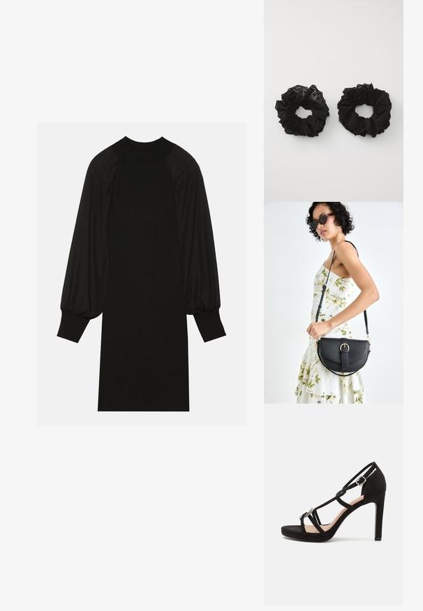 Fekete ruha bordázott anyagból, puffos ujjakkal és magas nyakkivágással. Az ív egyenes, és térdig ér.; Fekete velúr magas sarkú szandál keresztezett pántokkal, díszes ezüstszínű akcentussal és emelt talprésszel a nagyobb magasságért.; Fekete bőrtáska ívelt formával, levehető pánttal és arany színű fémrészekkel. A táskán egy csattal díszített fedél található.; Fekete szövet hajgumik fodros textúrával, szemfúrásos mintákkal. Két méretben, mindkettő puha, finom kidolgozással.; Fekete szövet hajgumik fodros textúrával, szemfúrásos mintákkal. Két méretben, mindkettő puha, finom kidolgozással.