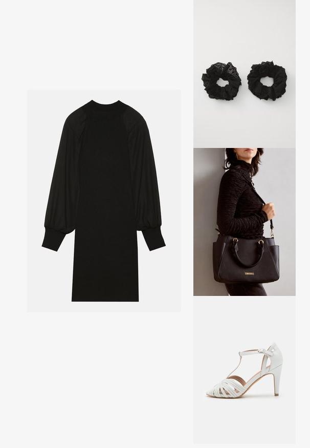 Vestido preto com um tecido canelado, mangas bufantes e colo alto. A silhueta é reta e cai até ao joelho.; Sandal de salto alto branco com tiras cruzadas, design em T, textura suave e bico fino. Apresenta um salto esguio e fecho de fivela.; Bolsa preta com superfície texturizada, alças superiores duplas e alça de ombro ajustável. Apresenta ferragens em tom dourado e bolsos laterais.; Fivelas de tecido preto com uma textura franzida, apresentando padrões de ilhós. Dois tamanhos, ambos macios, com um acabamento delicado.