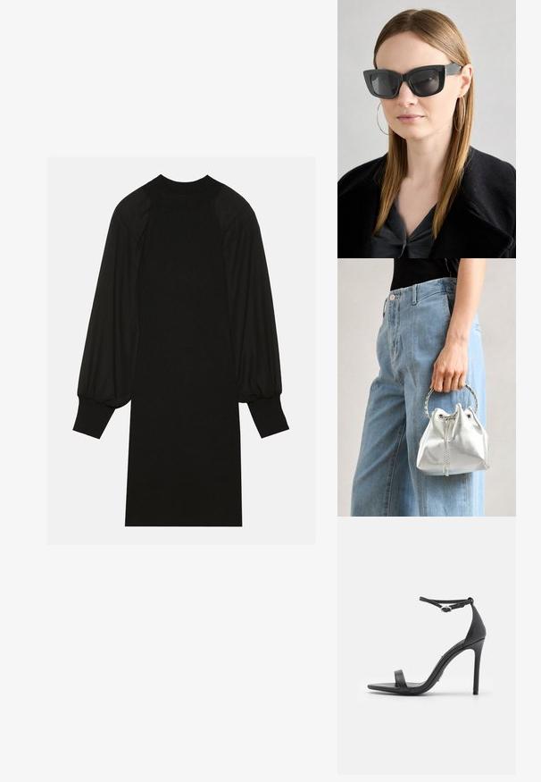 Black dress featuring a ribbed fabric with puffed sleeves and a high neckline. The silhouette is straight and falls to the knee.; Black high-heeled sandals with an open toe, thin straps, and ankle buckle. Smooth leather texture with a pointed toe design.; Black cat-eye sunglasses with dark lenses, thick frames, and subtle accents. Worn with a black coat and gray top, featuring long straight hair.; Metallic silver bucket bag with a textured finish, adorned with a silver round handle and drawstring closure, held against light blue jeans.; Four silver rings with varying designs: twisted band, layered curves, delicate crystals, and a smooth band with small accents.