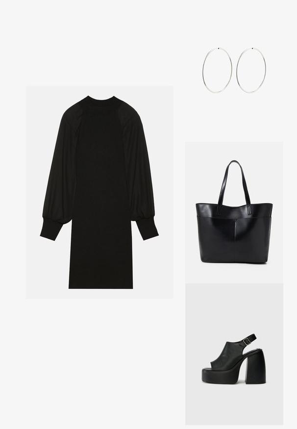 Mustmust kleit, millel on ribatud kangas, puffse varrukad ja kõrge kaelus. Siluett on sirge ja ulatub põlve.; Mustad avatud varvastega platvormisandaalid, millel on kaarjas disain, kinnituv rihm ja korralik plokkkonts. Sile nahktekstuur, minimalistlik stiil.; Must mustaga musta nahast, millel on kaks pikka kanda, sile tekstuur ja struktureeritud kuju. Esipoolsel on lisakoti jaoks tasku.; Hõbedased rõngaskõrvarõngad, millel on sujuv, ümmargune disain ja poleeritud viimistlus. Need on õhukesed ja kerged, omades lihtsat klambrit.