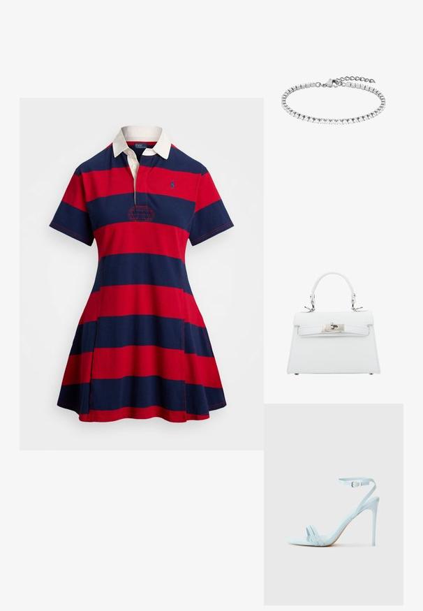 Red and navy striped polo dress with a white collar, short sleeves, and an embroidered logo. Made from cotton fabric with a flared skirt.; Light blue stiletto sandal with two front straps and ankle strap, made of smooth patent material, featuring a slim heel and minimal design.; White leather handbag with a structured design, top handle, and silver hardware, featuring a buckle closure and subtle stitching details.; Silver bracelet with sequined links and clear round stones. Features a lobster clasp and an adjustable chain for size variation.