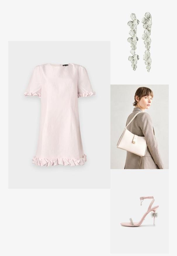 Kort pink kjole med tekstureret stof, korte pufærmer og volangkant. Enkel rund halsudskæring med en skjult lynlås bagpå.; Lyserød højhælet sandal med en enkelt krystalbesat rem, justerbar ankelrem og en gennemsigtig stiletthæl med et dekorativt accent.; Hvid læder håndtaske med en struktureret design, der har en magnetlukning og en skulderrem, præsenteret mod en neutral baggrund.; Sølv øreringe med et blomsterdesign og lagdelte blade. Teksturen virker indviklet og poleret, hvilket fremhæver det naturlige motiv.