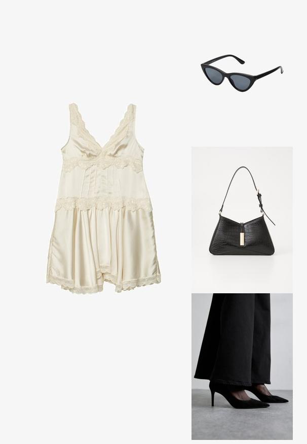 Kremowa satynowa nocna koszula z koronkowym wykończeniem, z dekoltem w serek, regulowanymi ramiączkami, plisowanym biustem i rozkloszowaną spódnicą z falbaniastymi brzegami.; Czarne zamszowe szpilki z ostrymi noskami, noszone z czarnymi szerokimi spodniami, charakteryzują się eleganckim designem i subtelnym połyskiem.; Czarne okulary przeciwsłoneczne w kształcie kocich oczu z ciemnoszarymi soczewkami, smukłym plastikowym oprawie, spiczastymi rogami i prostymi zausznikami. Brak widocznych elementów metalowych lub akcentów.; Czarna torebka na ramię z materiału imitującego skórę krokodyla, posiadająca trójkątny kształt, cienki pasek na ramię oraz złote akcenty sprzętowe na środku.; Złocona bransoletka na nadgarstek o gładkiej, falistej powierzchni, z teksturowanym wnętrzem i otwartym wzornictwem, tworzy organiczny kształt.