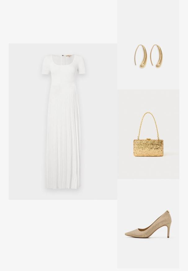 Robe longue blanche côtelée avec un décolleté carré et des manches courtes. Présente des plis verticaux et une fermeture éclair au dos. Texture douce.; Escarpins beiges à bout pointu avec un dessus en tissu texturé, un talon mince et un effet scintillant subtil pour un détail supplémentaire.; Pochette en sequins dorés de forme rectangulaire, dotée d'une poignée en chaîne torsadée et d'une fermeture à fermoir en métal, réfléchissant la lumière avec une finition texturée.; Boucles d'oreilles en métal doré en forme d'anneau, avec une forme courbée et allongée. Elles présentent une surface lisse et brillante avec une pointe arrondie pour un détail supplémentaire.
