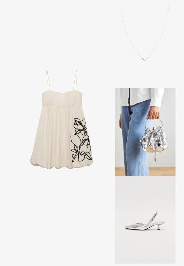 White sleeveless dress with a fitted bodice and flared skirt, featuring black floral embroidery on the left side. Smooth fabric texture.; Silver slingback pump with a pointed toe, sparkly texture, slight heel, and a cutout for the ankle strap. Sleek and modern shape.; Silver sequined bucket bag with a circular metallic handle; features drawstring closure and chain accents, set against light denim and white fabric.; Gold-tone necklace with a thin chain and a V-shaped pendant. Sleek design with a smooth, polished finish and minimal detailing.