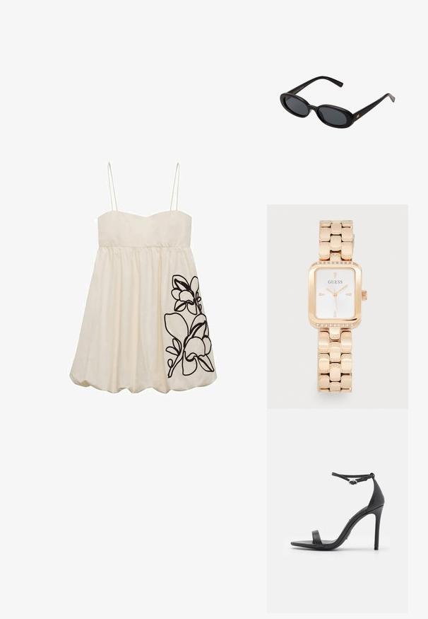 White sleeveless dress with a fitted bodice and flared skirt, featuring black floral embroidery on the left side. Smooth fabric texture.; Black high-heeled sandals with an open toe, thin straps, and ankle buckle. Smooth leather texture with a pointed toe design.; Black oversized sunglasses with oval lenses, smooth plastic frame, and gold accents on temple. Dark lenses provide sun protection.; Rose gold rectangular watch with a metallic band, gem accents on the bezel, and a white dial featuring black markers and hands.