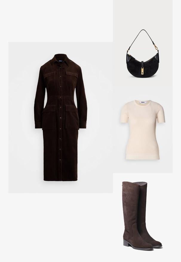 Hnedé kordové šaty košeľového strihu s predným zapínaním na gombíky, dvoma náprsními vreckami a dvoma postrannými vreckami. Dlhé rukávy s gombíkovými manžetami.; Krémový pruhovaný krátky rukáv top s okrúhlym výstrihom. Vyrobený z mäkkého materiálu, má priliehavý strih a jemnú textúru. Značka DKNY viditeľná.; Hnedé semišové vysoké čižmy s mierne zaoblenou špičkou a nízkym blokovým podpätkom. Obsahujú jemné stehové detaily po stranách.; Čierna kabelka s zakriveným tvarom, vyrobená z semišu a kože, s pozláteným zipsom a detailom loga. Obsahuje krátku rukoväť.