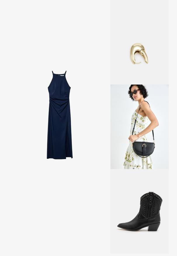 Mörkblå ärmlös klänning med en figursydd bodice, draperade sidodetaljer och en sidoklyvning. Slät tyg och dragkedjestängning bak.; Svarta lädercowboykängor med spetsiga tår, dekorativ broderi och metallspikar längs toppen. Staplad klack och strukturerad finish.; Svart läderhandväska med en böjd form, avtagbar rem och guldiga detaljer. Väskan har ett lock med en spänndetalj.; Örhänge i guldtonad metall med en elegant, böjd design. Har en distinkt spetsig form, polerad yta och gångjärnslås.