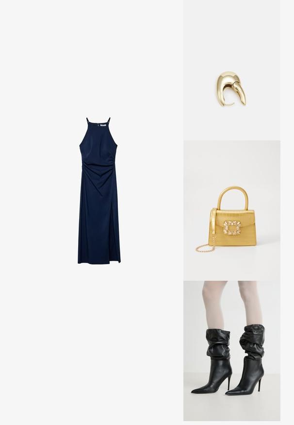 Marineblå ærmeløs kjole med en tætsiddende overdel, draperede sidelameller og en slidse i siden. Glat stof og lynlås lukning bagpå.; Sorte læderankelstøvler med et afslappet design, spidse tå og højt stilettohæl, med en blød, struktureret finish omkring kanten.; Gul faux-krokodille skuldertaske med struktureret design, top-håndtag, aftagelig kædetraske og dekorativ krystaldekoration på låsen.; Guldtonet metal ørering med et slankt, buet design. Har en karakteristisk spids form, poleret overflade og hængselåbning.