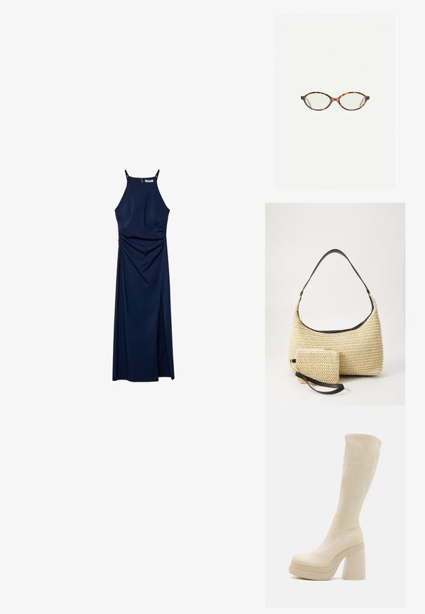 Laivasilkkinen hihaton mekko, jossa on vartalonmyötäinen yläosa, verhoillut sivuompeleet ja sivuraoitti. Sileä kangas ja vetoketjukiinnitys takana.; Even&Odd Korolliset saappaat - off-white; Kilpikonnakuosiset silmälasit, joissa on soikeat linssit ja tyylikäs, sileä pinta. Ominaisuudet: ohuet sivut, joissa on hienovarainen kaari temppeleissä. Kirkkaat linssit.; Kudottu olkikassi kaarevalla siluetilla, jossa on sileä musta nahkaremmi ja siihen kiinnitetty yhteensopiva pieni pussukka rannekahvalla.