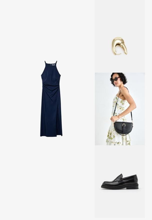 Mornarsko modra brezrokavna obleka s prilegajočim zgornjim delom, drapiranimi stranskimi detajli in stranskim razporkom. Gladka tkanina in zadrga na hrbtni strani.; Selected Femme CAMILLE POLIDO LOAFER - Čevlji brez vezalk - black; Črna usnjena torbica s ukrivljeno obliko, z odstranljivo naramnico in zlatimi dodatki. Torbica ima pokrov s podrobnostmi v obliki zaponke.; Uhane nakit iz zlatastega tona z gladko, ukrivljeno zasnovo. Ima edinstveno koničasto obliko, polirano površino in zaponko s tečajem.