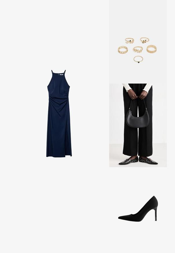 Granatowa sukienka bez rękawów z dopasowanym topem, drapowanymi detalami po bokach i rozcięciem z boku. Gładki materiał i zamek z tyłu.; Czarne czółenka na wysokim obcasie z wysmukłym czubkiem, gładkim matowym materiałem, smukłym obcasem typu stiletto oraz subtelnym wycięciem w okolicy łuku.; Czarna skórzana torba na ramię o zaokrąglonym kształcie, z połyskującym wykończeniem i srebrnymi akcentami. Osoba w czarnych spodniac wyszczuplających i znaczonymi loafersami.; Zestaw sześciu złotych pierścionków o różnych wzorach: plecione, z motywami liści oraz gładkie obrączki; niektóre z akcentami zielonych kamieni szlachetnych.